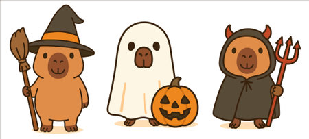 Set of cute capybara characters on Halloween isolated on white background. Vector illustration.のイラスト素材
