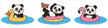 Kawaii panda enjoying summer fun on inflatable floats in a playful and colorful style. The panda rides a duck, donut, and flamingo floatのイラスト素材