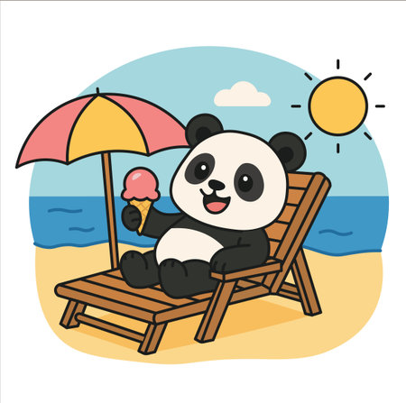 Panda with ice cream on the beach. Vector illustration in cartoon styleのイラスト素材