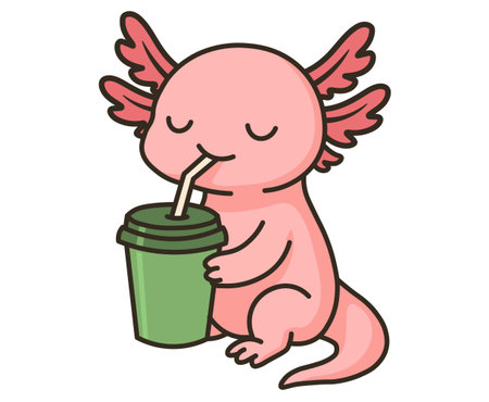 Sweet axolotl sipping from a green cup, enjoying a drink. A kawaii-style illustration that captures a relaxed, carefree vibe. Great for stress relief and joyful designs.のイラスト素材