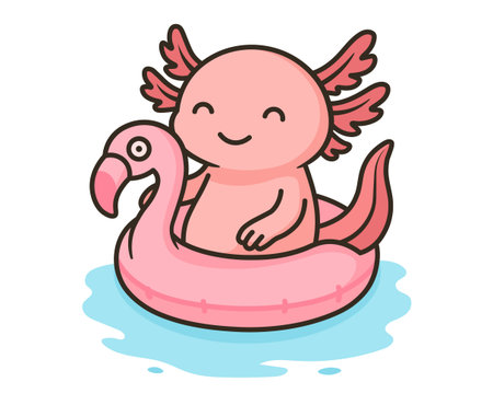 Adorable pink axolotl floating on a pink flamingo inflatable ring in calm water. A fun and cheerful design perfect for creating a relaxed, carefree atmosphere and stress-relief ilのイラスト素材