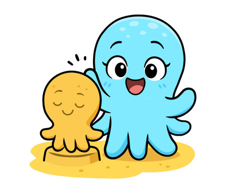 Illustration of a cute cartoon octopus on the beach. Vector illustration.のイラスト素材