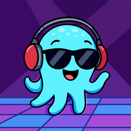 Octopus listening to music with headphones. Vector illustration in cartoon styleのイラスト素材