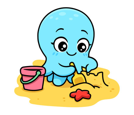 Cute cartoon octopus character playing with toys on the beach. Vector illustration.のイラスト素材