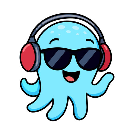 Cute octopus listening to music with headphones. Vector illustration.のイラスト素材