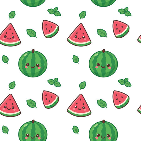 seamless pattern with watermelons and mint on white backgroundのイラスト素材