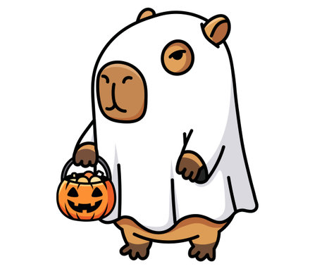Funny capybara in a ghost costume for Halloween, holding a jack-o'-lantern candy basket. Cute and grumpy character for a trick-or-treat party invitation, a spooky greeting card, orのイラスト素材