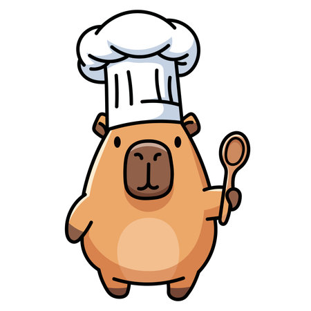 Illustration of a Cute Bear Chef Cartoon Character with Spoon and Hatのイラスト素材