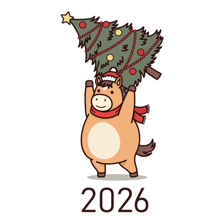 New Year card with a cute horse and a Christmas tree. Vector illustration.のイラスト素材