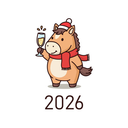 Cute cartoon horse in a red scarf with a glass of champagne.のイラスト素材
