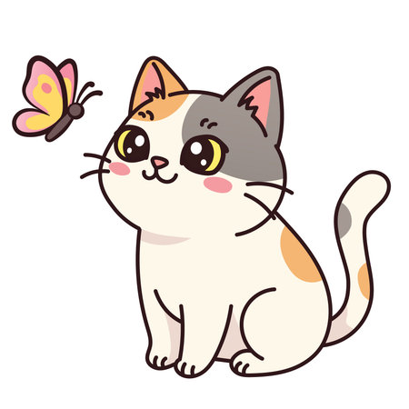 Cute kawaii calico kitten watching pink butterfly illustration, adorable small cat character for nursery decor greeting cards and stickers, isolated vector graphic on white backgroのイラスト素材