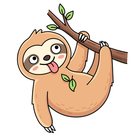 Funny happy sloth hanging on tree branch with tongue out, cute playful tropical animal character illustration, cheerful jungle mascot for kids, childish cartoon sticker design, posのイラスト素材