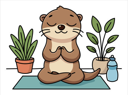 Cute otter character practicing yoga and meditation in lotus pose on mat with houseplants and water bottle, mindfulness, mental health and wellness concept illustration in flat kawのイラスト素材