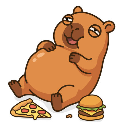 Adorable kawaii fat capybara character eating fast food with pizza and burger, cute lazy exotic animal mascot for restaurant menu and stickers, isolated flat vector on white backgrのイラスト素材