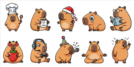 Set of cute kawaii capybara stickers for daily emotions and activities, funny exotic animal characters including chef, gamer, Santa and yoga poses for social media and planners, isのイラスト素材