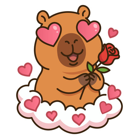 Cute capybara in love with heart eyes holding a red rose on a white cloud, romantic kawaii illustration for Valentine's Day, wedding greetings, and sweet emotional mascot design.のイラスト素材
