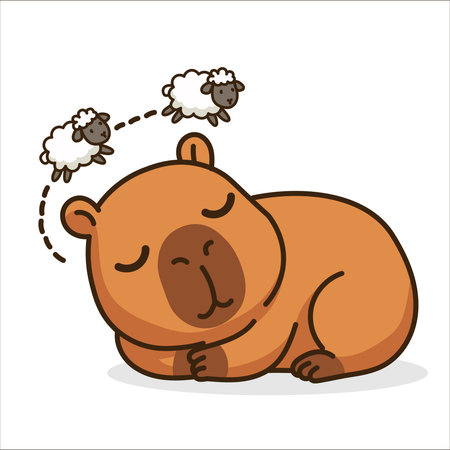 Cute sleeping capybara counting sheep. Funny cartoon animal dreaming. Kawaii vector sticker for bedtime or insomnia.のイラスト素材