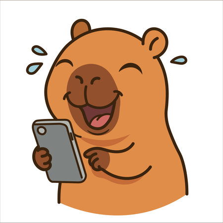 Funny capybara laughing at phone. Cute cartoon animal looking at smartphone screen with tears of joy. Kawaii vector sticker.のイラスト素材