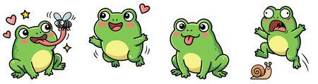Cute cartoon frog sticker set. Funny toad catching fly, jumping happy, sitting silly, running scared from snail. Kawaii vector.のイラスト素材