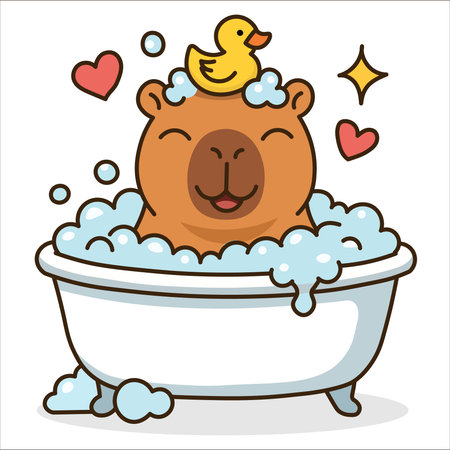 Cute capybara taking a bubble bath with rubber duck. Funny cartoon animal relaxing in tub. Kawaii vector sticker for self-care.のイラスト素材