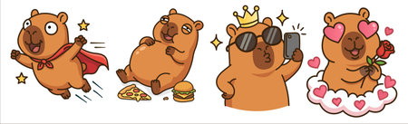 Funny capybara sticker set. Superhero, lazy eater with pizza, cool king taking selfie, cute lover with rose. Kawaii vector bundle.のイラスト素材