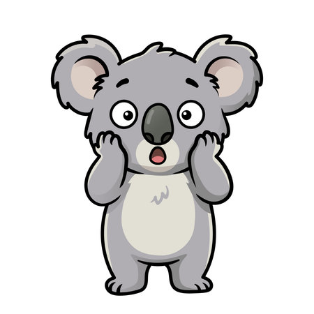 Cute grey koala cartoon character in a state of shock and surprise with its hands on its cheeks, expressing disbelief and wonder in a clean vector illustration style on white.のイラスト素材