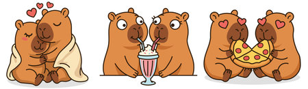 Set of cute capybara couples celebrating love with hugging under blanket sharing strawberry milkshake and eating pizza heart eyes stickers flat vector illustration for Valentine'sのイラスト素材