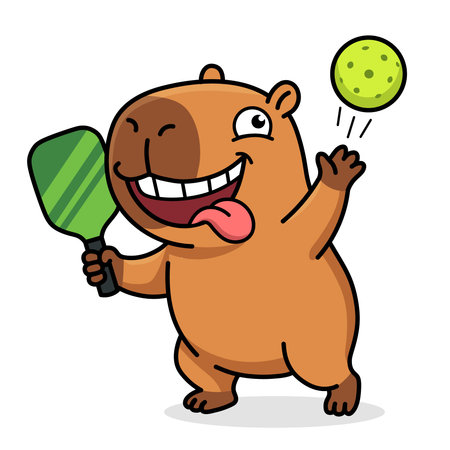 Funny cartoon capybara mascot diving to hit a pickleball with a green paddle, dynamic vector illustration for sport design and fitness logo, isolated on white background.のイラスト素材