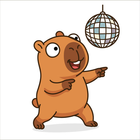 Funny cartoon capybara dancing under a shiny disco ball, cute animal character in a party pose, cheerful vector illustration for celebration and nightlife designs isolated on whiteのイラスト素材