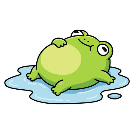 Cute green frog cartoon character lying in blue water puddle and looking up dreamily, flat vector illustration of happy animal for stickers, children design and summer concepts.のイラスト素材