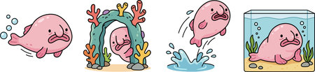 Cute pink blobfish cartoon set with character swimming underwater, jumping from water and sitting in aquarium, sad deep sea fish vector illustrations with corals and seaweedのイラスト素材