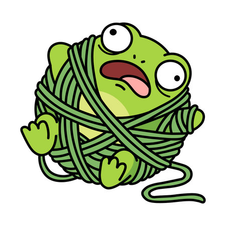 Cute green frog tangled in a ball of knitting yarn, flat vector illustration of surprised cartoon character for hobby and children design isolated on white, funny knitting concept.のイラスト素材