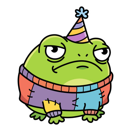 Grumpy green frog in patchwork sweater and party hat, sad cartoon character for birthday blues and social anxiety concepts, isolated vector illustration in flat style on white.のイラスト素材