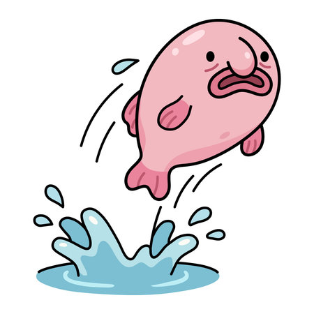 Pink cartoon blobfish jumping out of water with splash, vector illustration of sad deep sea fish character in flat style isolated on white, funny aquatic animal for stickers.のイラスト素材