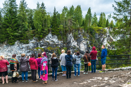 Village Ruskeala, Sortavala, Republic of Karelia, Russia, August 14, 2016: Mountain Park, Tourists on the marble canyonのeditorial素材