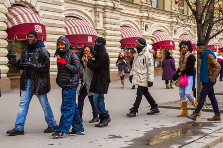 Moscow, Russia, March 7, 2015. Tourists African Americans on the red square.のeditorial素材