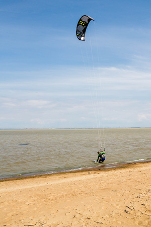 St. Petersburg, Peterhof, Russia, June 21, 2015. Windsurfing on the beach of the Big Izhora Gulf of Finland.のeditorial素材