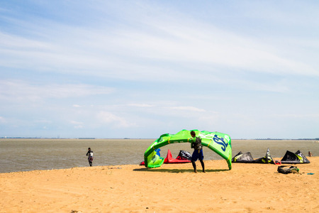 St. Petersburg, Peterhof, Russia, June 21, 2015. Windsurfing on the beach of the Big Izhora Gulf of Finland.のeditorial素材