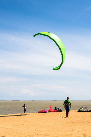 St. Petersburg, Peterhof, Russia, June 21, 2015. Windsurfing on the beach of the Big Izhora Gulf of Finland.のeditorial素材
