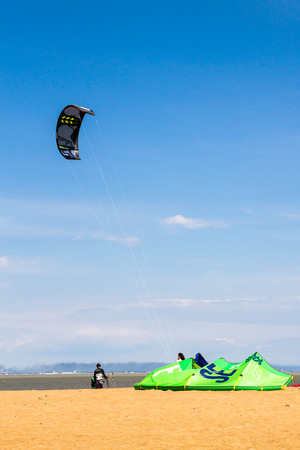 St. Petersburg, Peterhof, Russia, June 21, 2015. Windsurfing on the beach of the Big Izhora Gulf of Finland.のeditorial素材