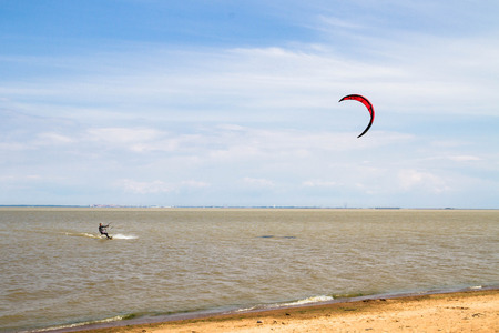 St. Petersburg, Peterhof, Russia, June 21, 2015. Windsurfing on the beach of the Big Izhora Gulf of Finland.のeditorial素材