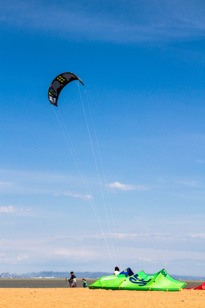 St. Petersburg, Peterhof, Russia, June 21, 2015. Windsurfing on the beach of the Big Izhora Gulf of Finland.のeditorial素材