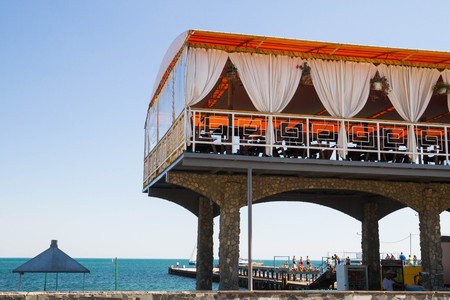 Evpatoria, Crimea, Russia, August 30, 2015. The restaurant on the black sea embankment in Yalta, Crimeaのeditorial素材