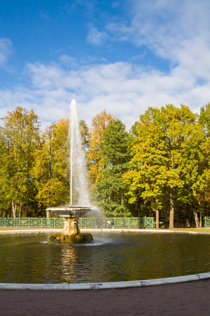 Russia, St. Petersburg, city of Petrodvorets, October 10, 2015. Grand Palace fountains in the Park of the town of Peterhof.のeditorial素材