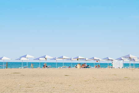 Evpatoria, Crimea, Russia, September 1, 2015. The beach of the Black sea in Crimeaのeditorial素材