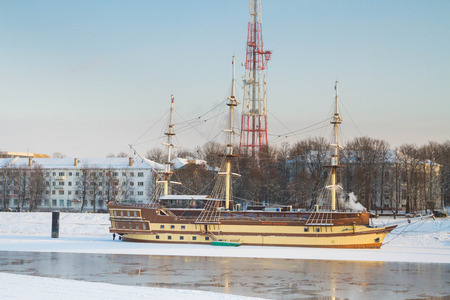 the city of Veliky Novgorod, Russia, 5 January, 2016. A restaurant ship near the Novgorod Kremlin in...