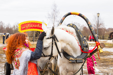 Russian village Shuvalovka Petrodvorets district Saint-Petersburg, Russia, 13 March, 2016. Traditional Russian celebration of Maslenitsa in the Russian village of Shuvalovkaのeditorial素材