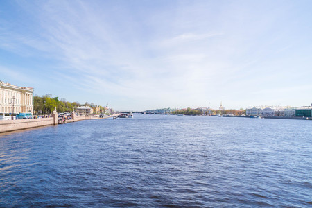 University embankment, Saint Petersburg, Russia. May 7, 2016. University embankment with bridges over the Neva river in Sunny day.のeditorial素材