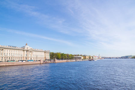 University embankment, Saint Petersburg, Russia. May 7, 2016. University embankment with bridges over the Neva river in Sunny day.のeditorial素材