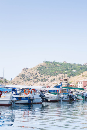 Balaklava, Crimea, Russia, 24 Jun, 2016. The embankment in Balaklava in the Crimea, the jetty with boatsのeditorial素材